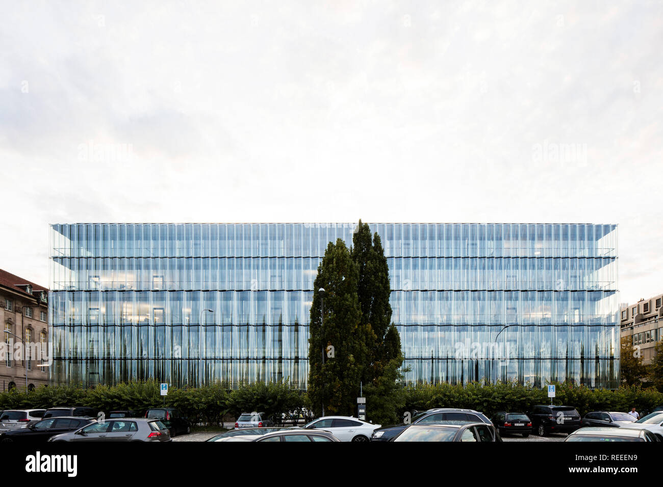 Building elevation across car park. Swiss Re Office headquarters