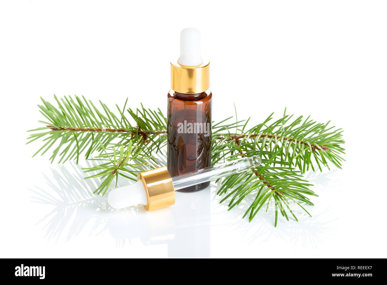 Pine essential oil isolated on white background. Pine oil bottle with dropper for beauty, skin care, wellness. Natural remedies Stock Photo