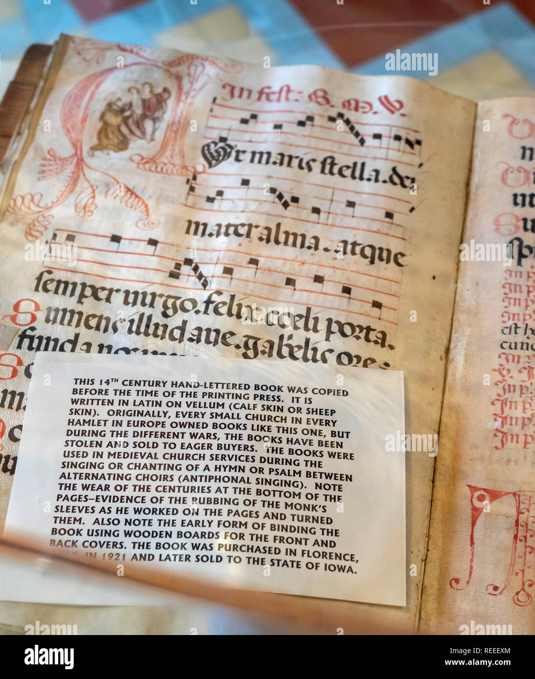 Des Moines, Iowa - A 14th century hand-lettered book in the Law Library in the Iowa state capitol building. Stock Photo