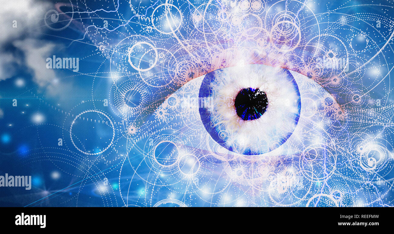 Surreal digital art. Blue giant eye in the cloudy sky Stock Photo - Alamy
