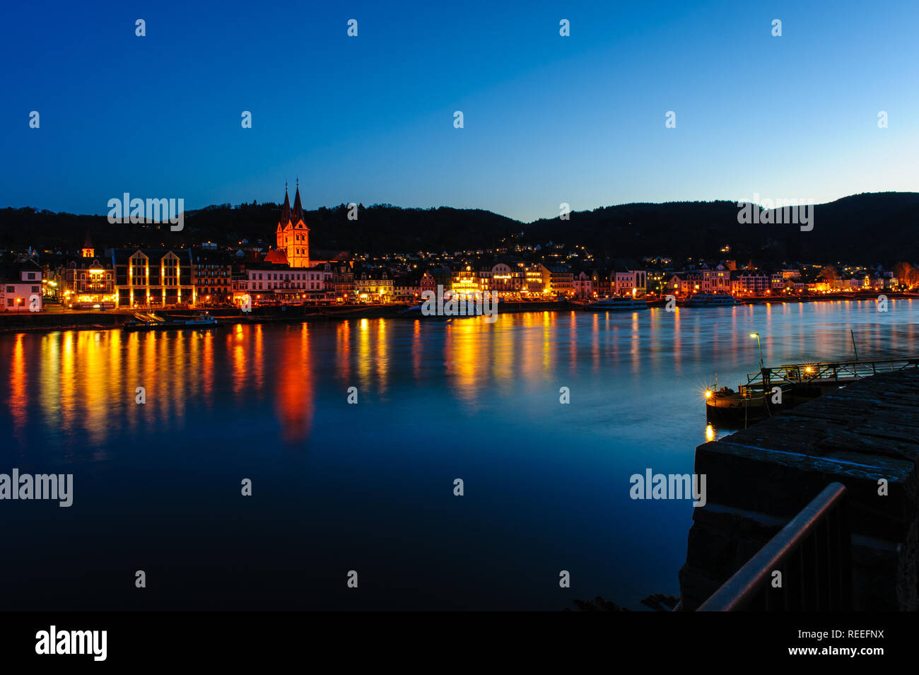 beautiful view over boppard/rhine at sunset/blue-hour Stock Photo