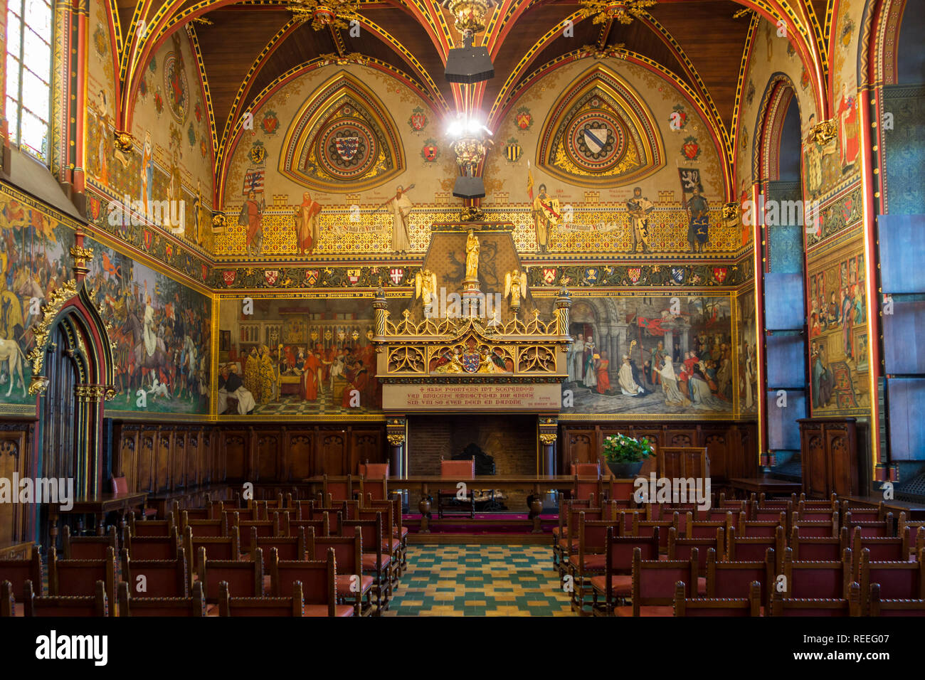 Interior of Bruges' city hall showing the Gothic hall with monumental