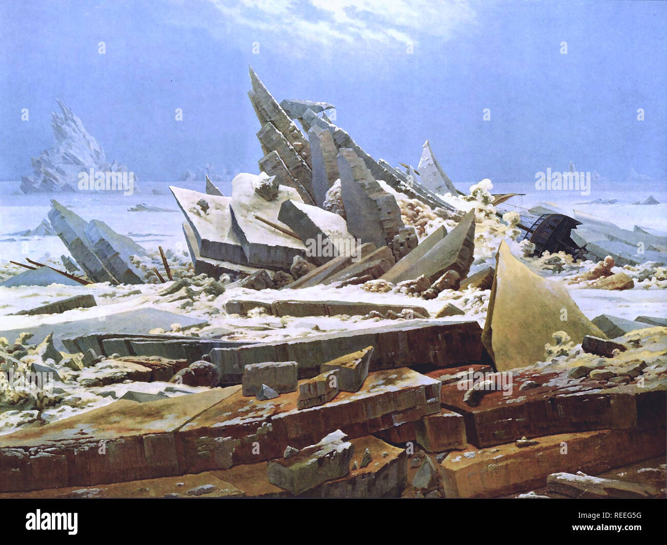 The Sea of Ice by Caspar David Friedrich depicts a shipwreck in the middle of a broken ice-sheet, whose shards have piled up after the impact.  The stern of the wreck is just visible on the right. As an inscription on it confirms, this is HMS Griper, one of two ships that took part in William Edward Parry's 1819–1820 and 1824 expeditions to the North Pole. Stock Photo
