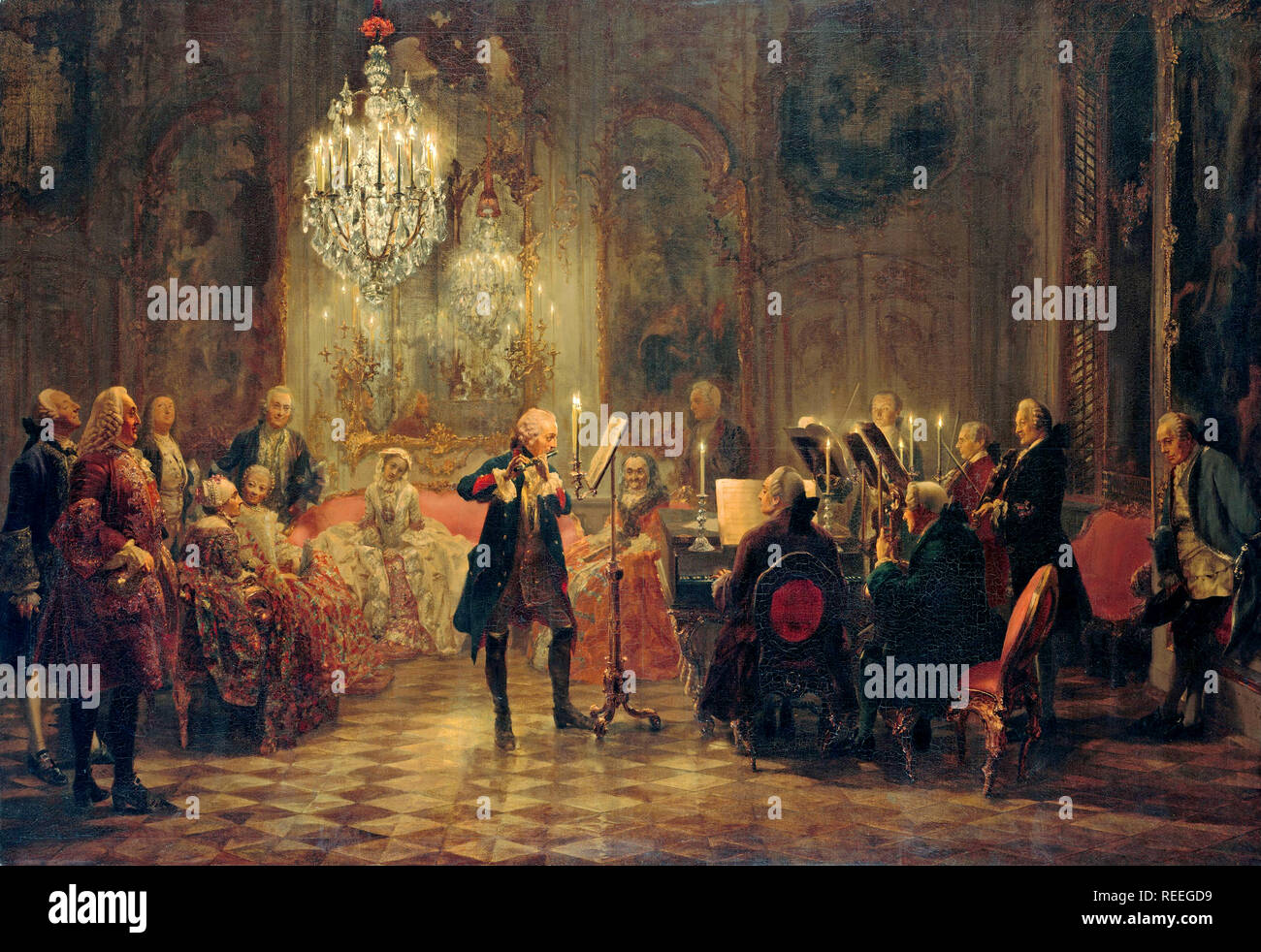Frederick the Great Playing the Flute at Sanssouci by Adolph von Menzel Stock Photo