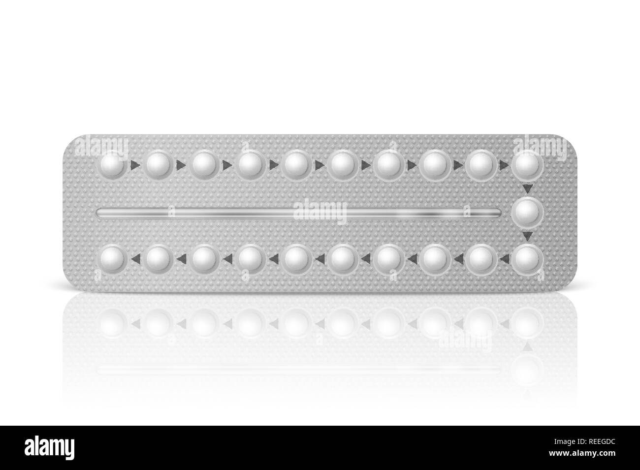 Vector Realistic Packaging of Birth Control Pills in Blister Closeup Isolated. Contraceptive Pill, Hormonal Tablets. Design Template of Women Drugs for Mockup. Planning Pregnancy. Front View Stock Vector