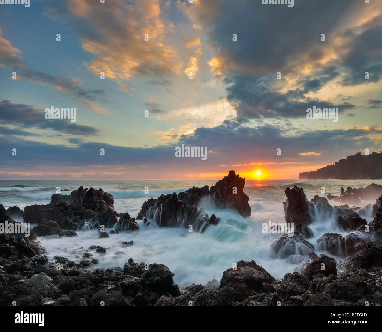 Sunrise at Laupahoehoe Beach Park, Island of Hawaii. Stock Photo