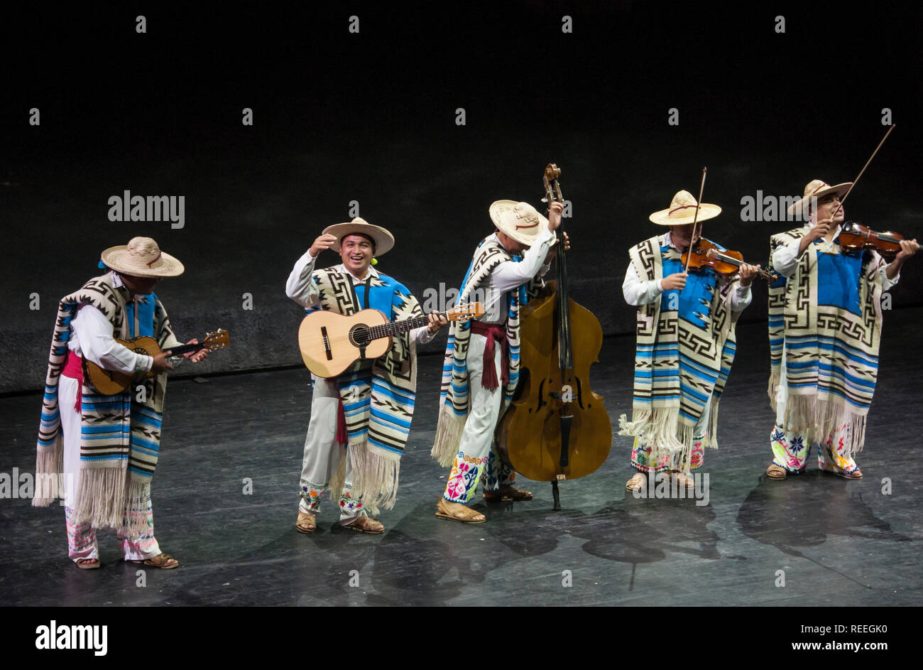 Musicians in costume performing traditional music at Xcaret Mexico Espectacular dinner show at Xcaret eco theme park, Riviera Maya, Mexico. Stock Photo