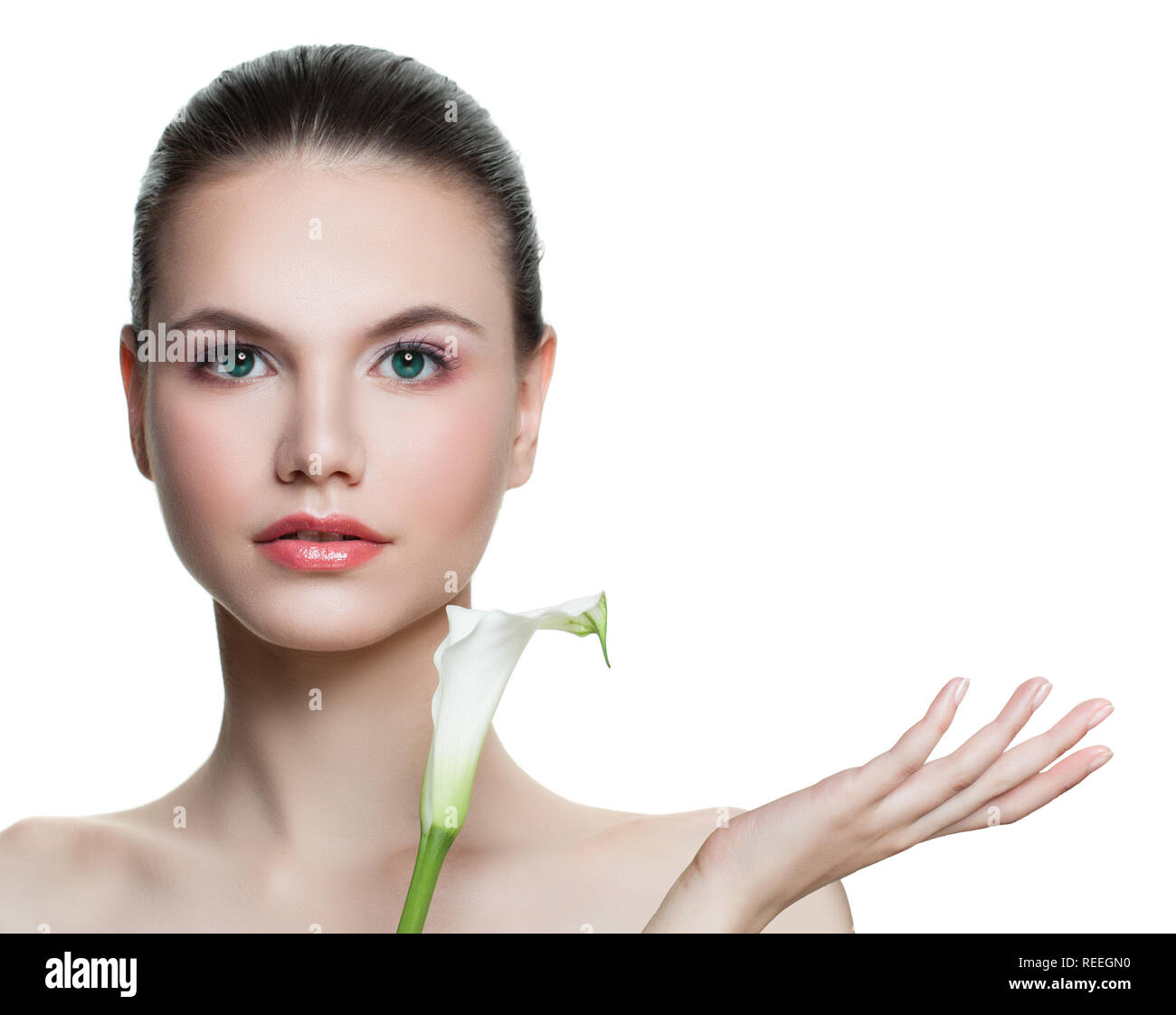 Spa woman showing empty copy space on the open hand isolated on white ...