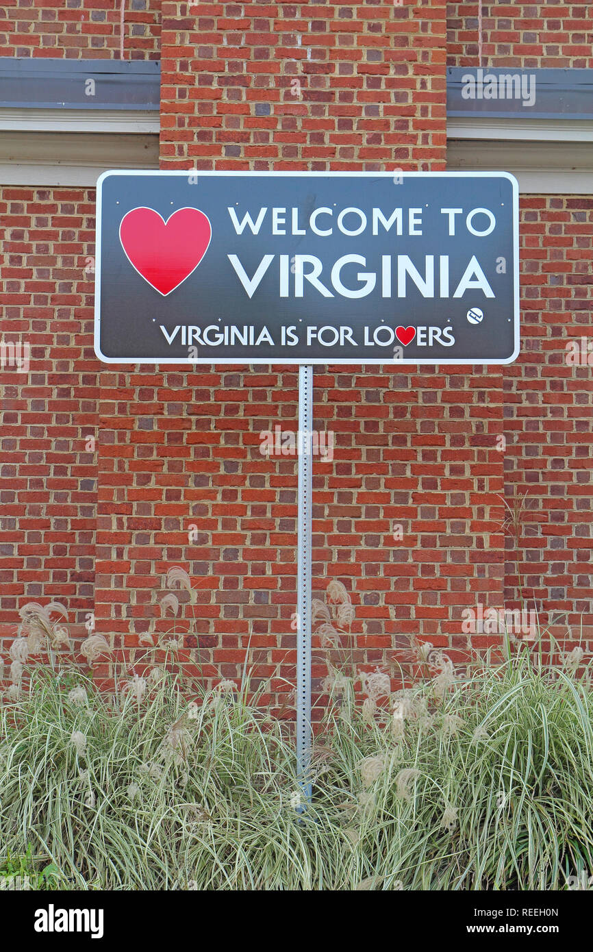 Welcome sign and slogan for the state of Virginia at a rest area off of Interstate 64 Stock Photo