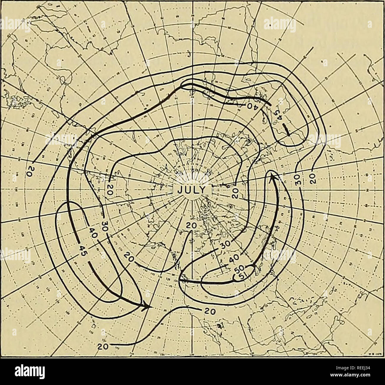 . Compendium of meteorology. Meteorology. Fig. 3.—Average position and strength of the jet stream for January, prepared from eighteen hemispheric meridional cross sections. Heavy solid lines indicate geostrophic wind speed in miles per hour at the level of maximum speed. Heavy arrows rejiresent axis of the jet. {After Namias and Clapp [38].) The elevation of the jet, not shown on these figures, is everywhere in the range between 11 and 14 km. The material presented in these figures must, of course, be. Fig. 4.—Average position and strength of the jet stream for July. (See Fig. 3 for legend.) c Stock Photo