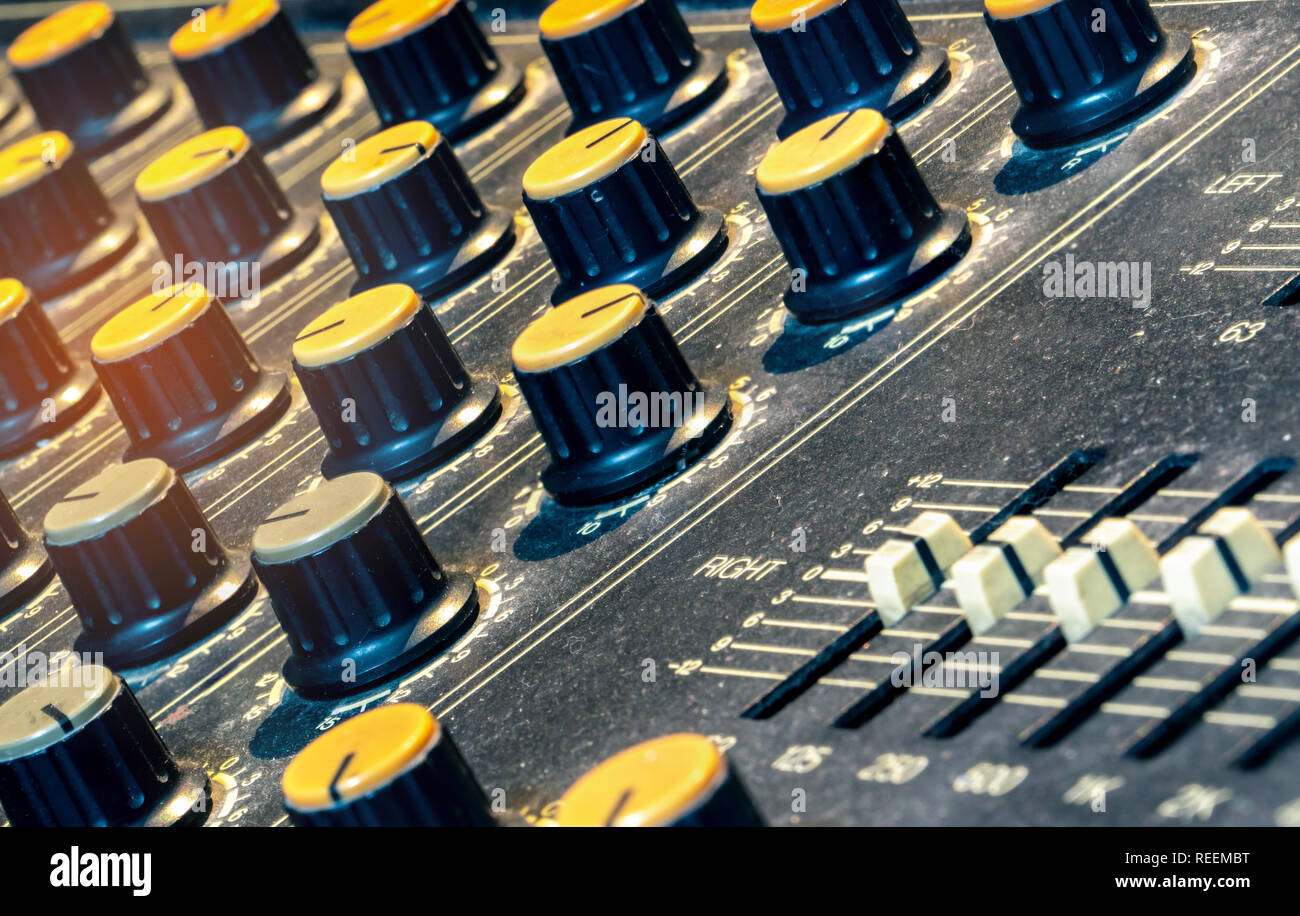 Audio sound mixer console. Sound mixing desk. Music mixer control panel in  recording studio. Audio mixing console with faders and adjusting knob Stock  Photo - Alamy