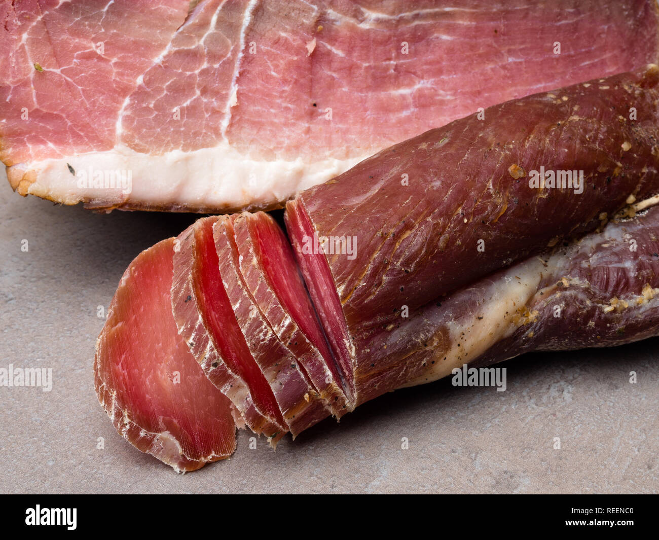 Jerked meat and drycured ham from Spain (Jamon iberico Stock Photo Alamy