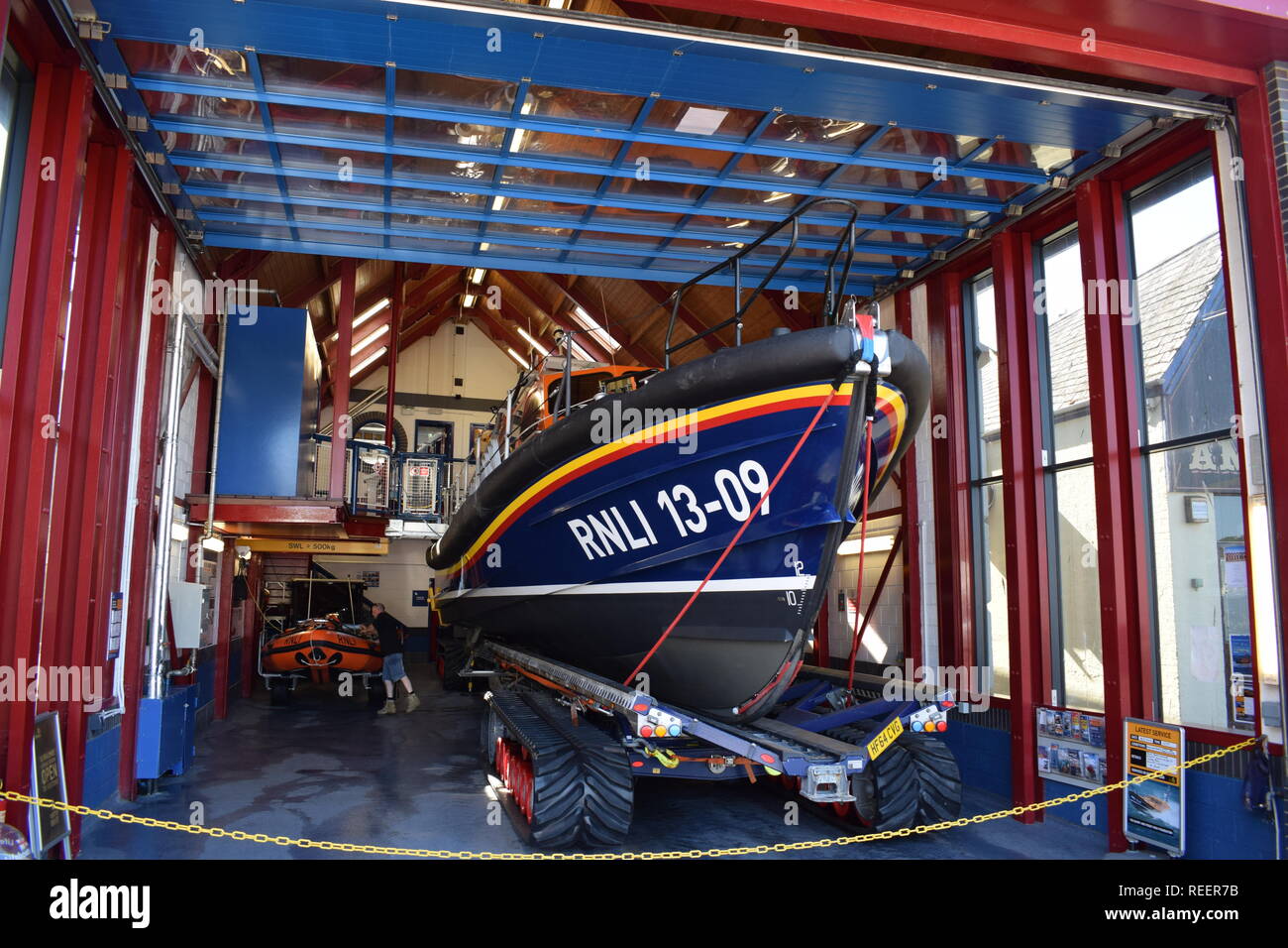 Wonderful, bright image of the 'RNLI 13-09'. A lifeboat at the ilfracombe Harbour, Devon. This was taken by Tim Bailey in the summer of 2018. Stock Photo
