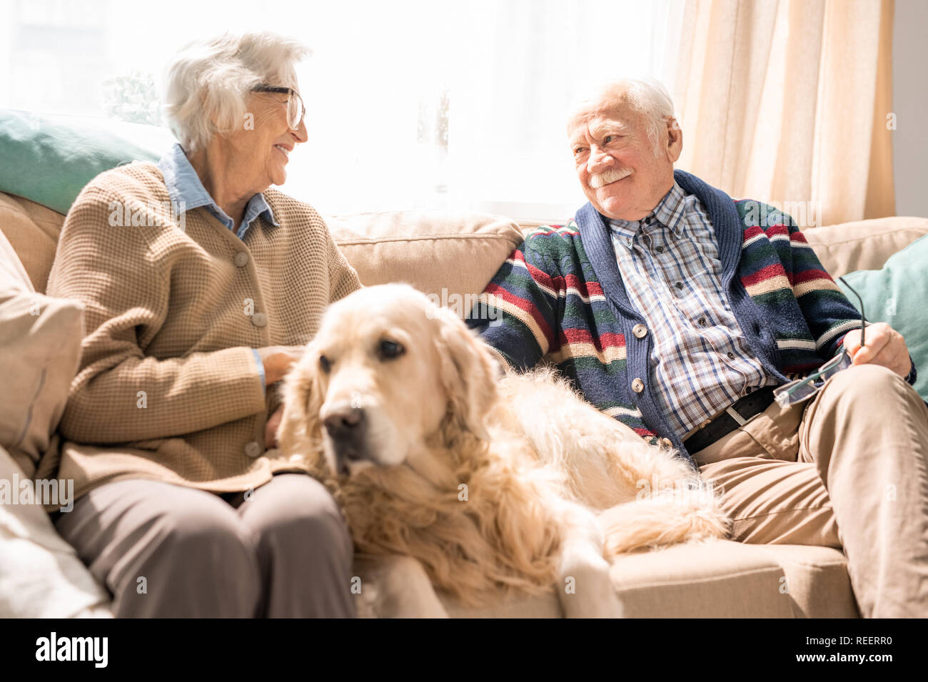 Portrait of happy senior couple with dog sitting on couch together and ...