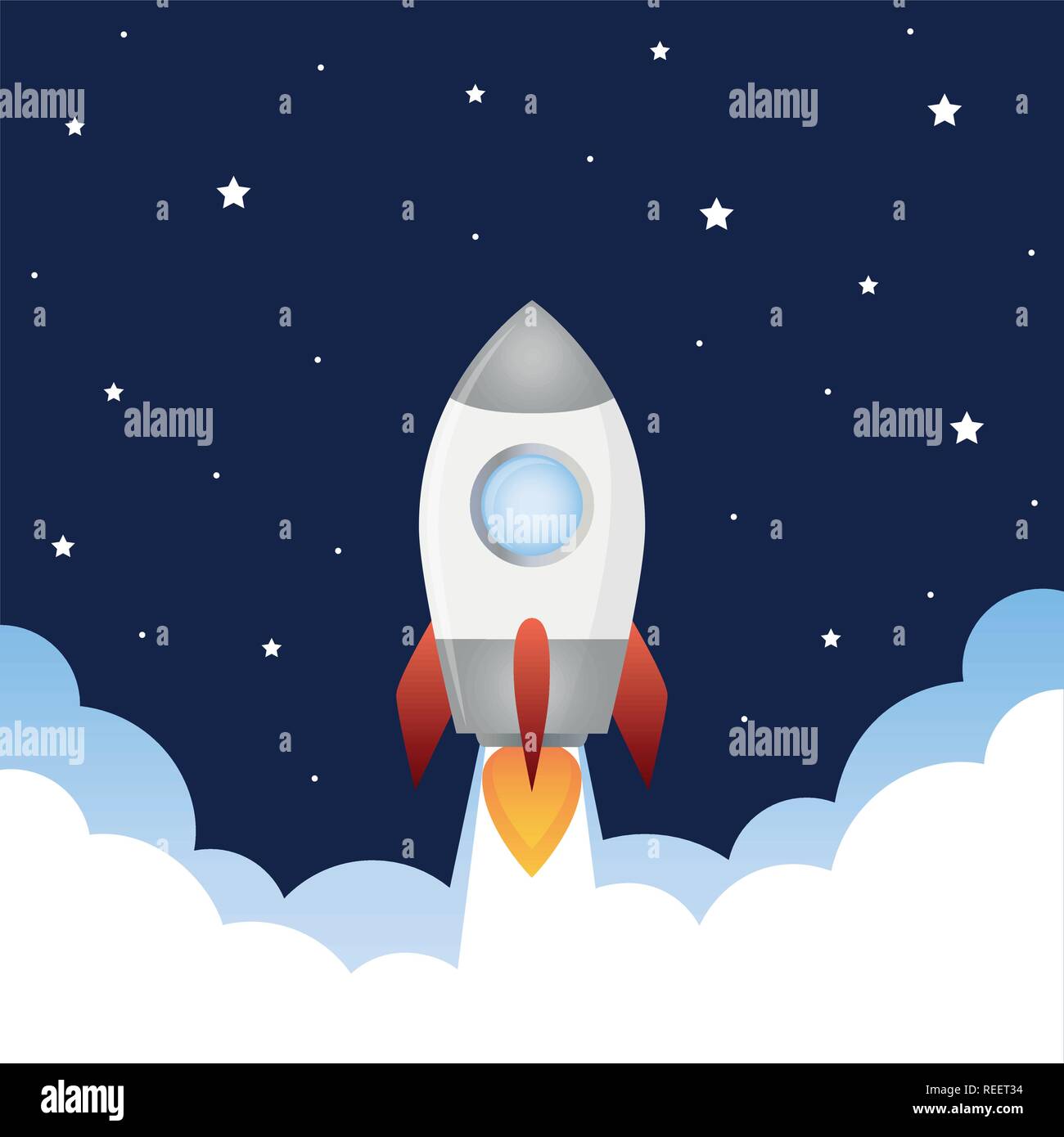 rocket launch into space with smoke and stars vector illustration EPS10 Stock Vector
