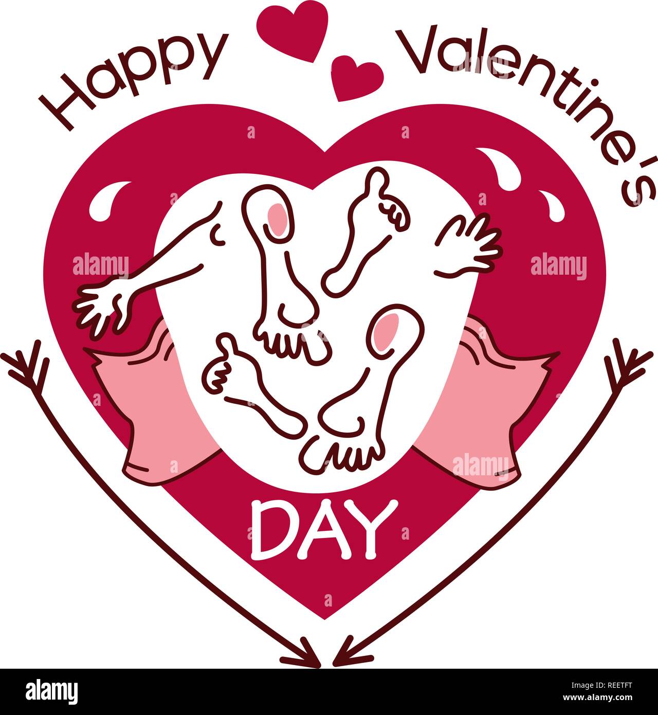 Funny, humorous Happy Valentine's Day greeting card. Typographic text with red heart, arrows, love, sex, people.Vector illustration. Stock Vector