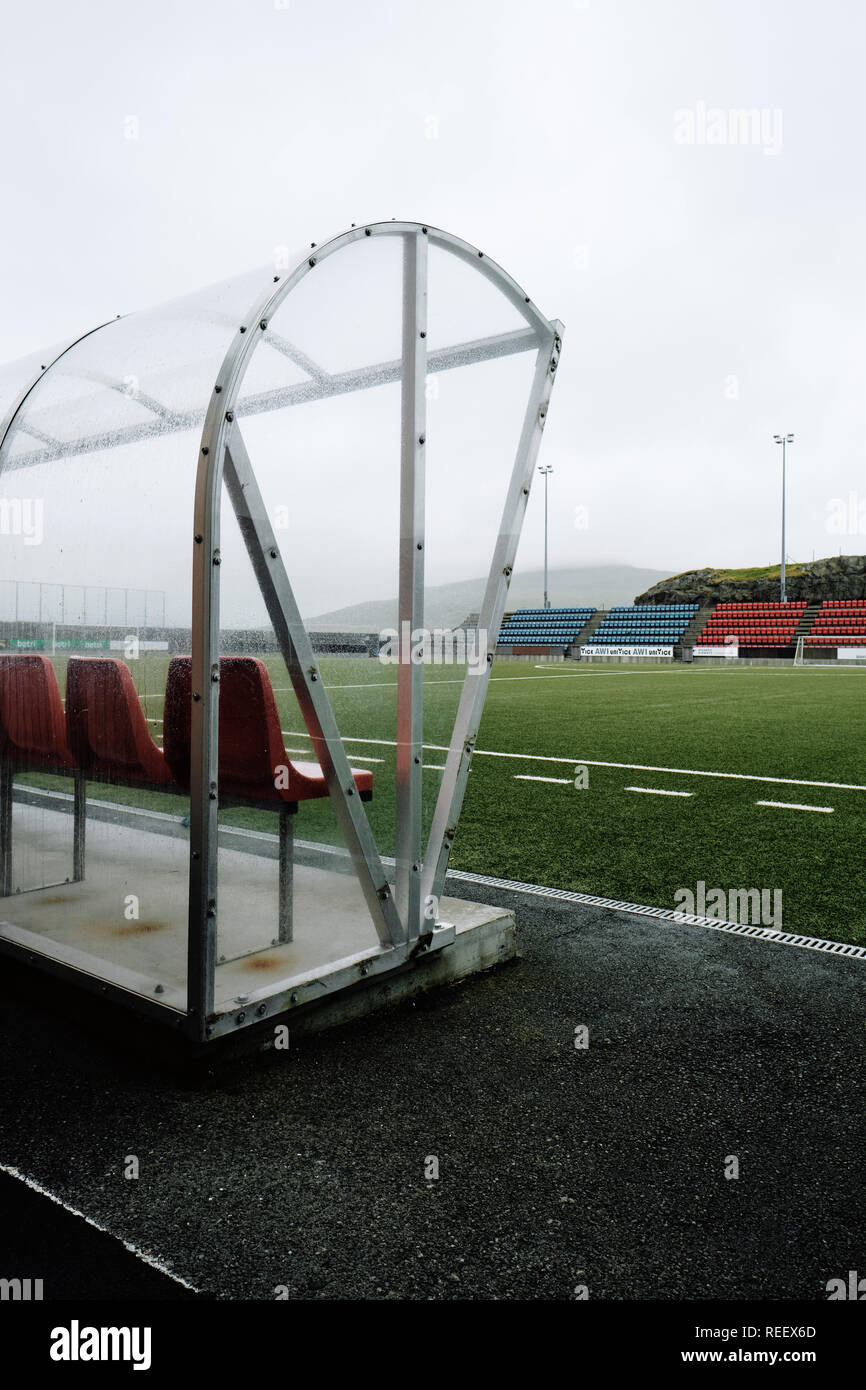 Svangaskard football stadium once the home ground of the Faroe Islands national football team in Toftir Eysturoy Faroe Islands. Stock Photo