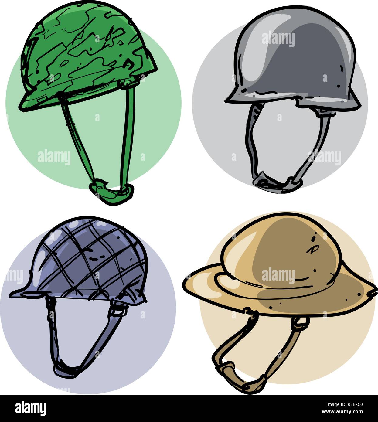 a non-reference drawing vintage style military helmets cartoon. quad set, vector illustration. Stock Vector