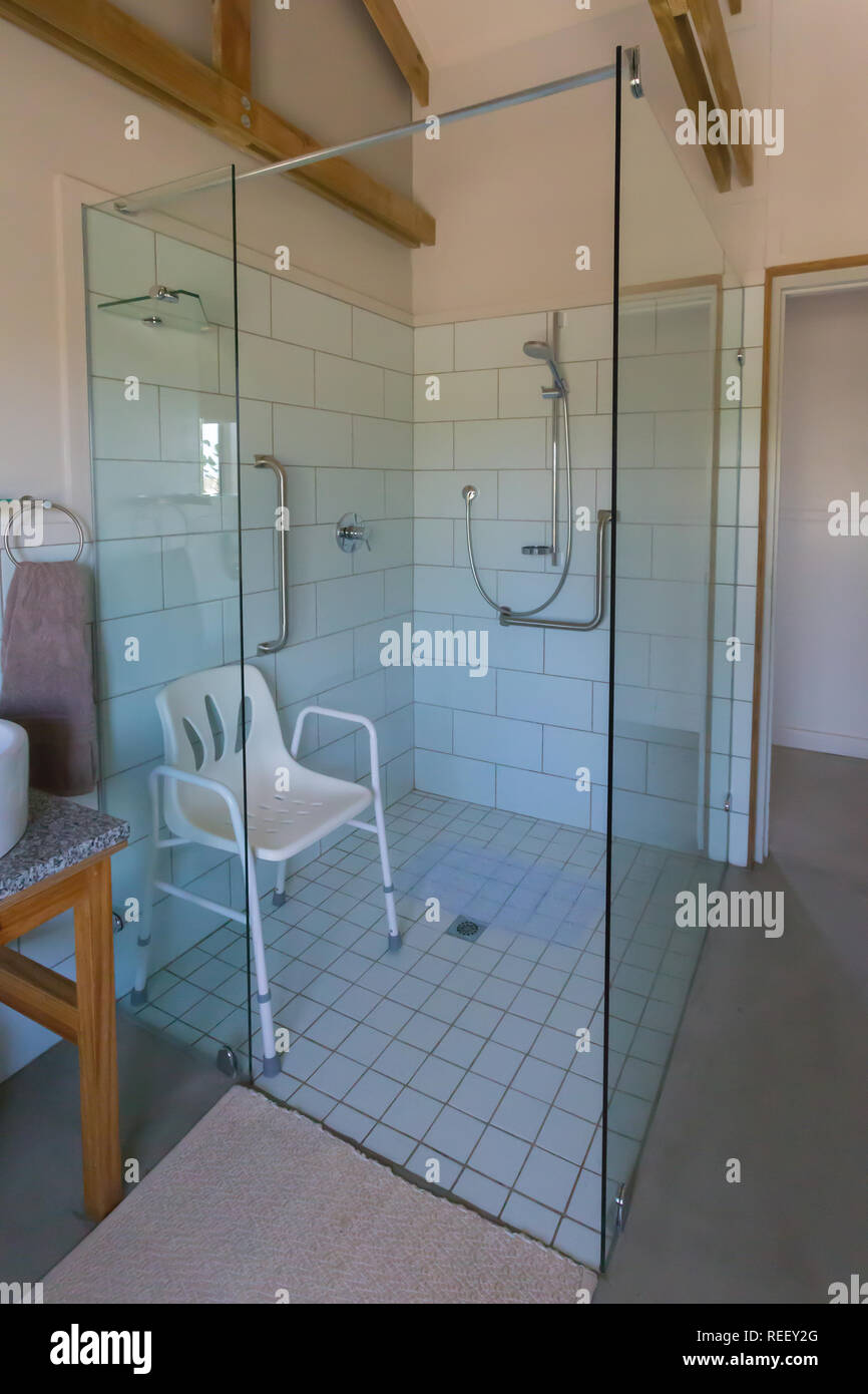 Disabled shower in bathroom of house at environmentally friendly or