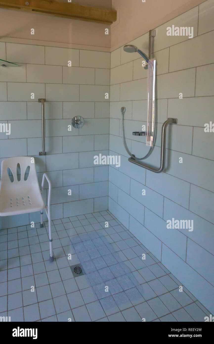 Disabled shower in bathroom of house at environmentally friendly or