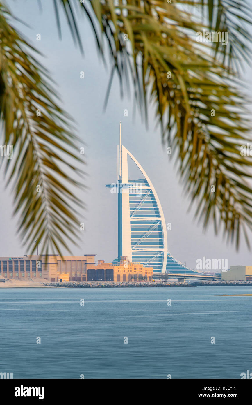 View on Burj al arab Jumeirah and palm tree in Dubai, United Arab Emirates Stock Photo