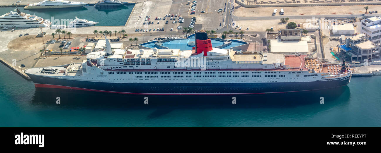 Aerial view of ship Queen ELizabeth 2 in the port of Dubai, United Arab Emirates Stock Photo