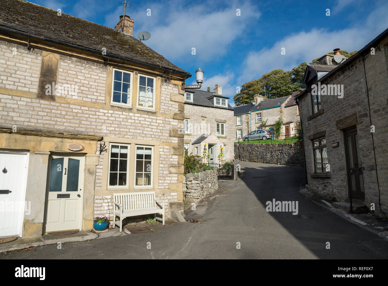 Stone cottages in the beautiful village of Tideswell, Peak District, Derbyshire, England. Stock Photo