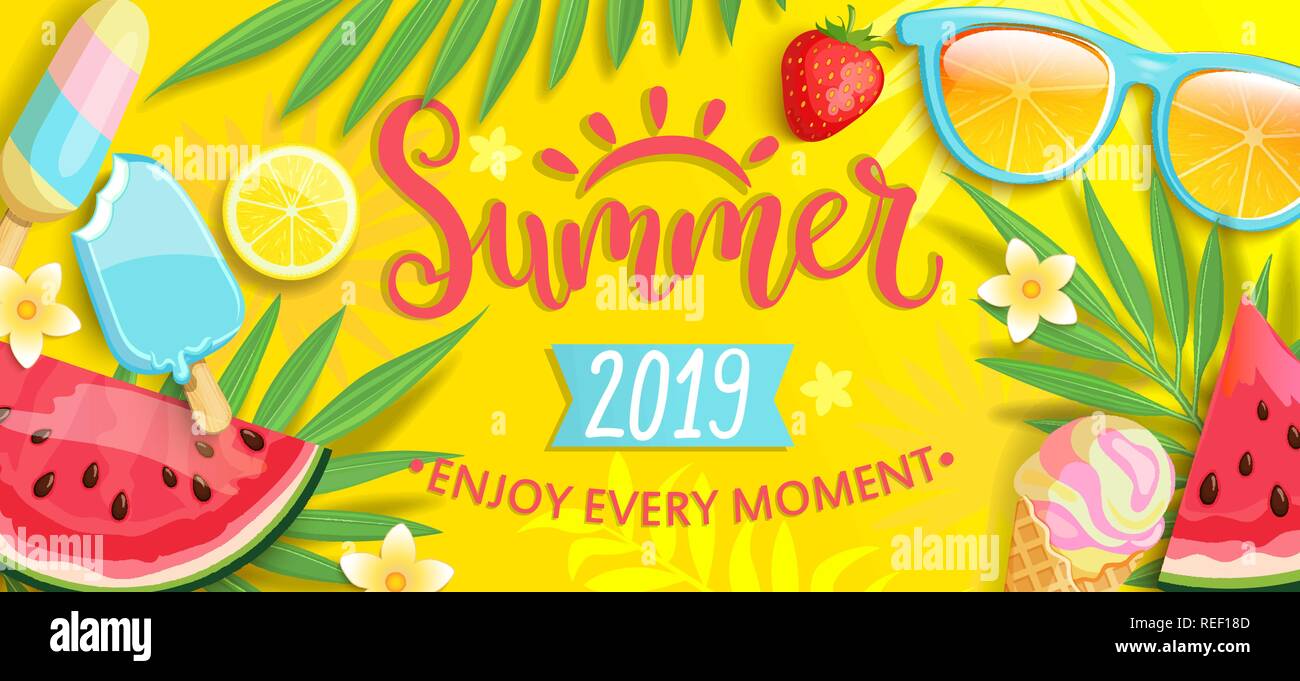 Summer banner with symbols for summertime such as ice cream,watermelon,strawberries,glasses.Hand drawn lettering for template card, wallpaper,flyer,invitation, poster,brochure.Vector illustration Stock Vector
