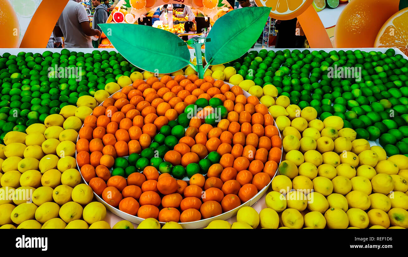 Various verity and colorful fresh bunch of citrus stacked to display