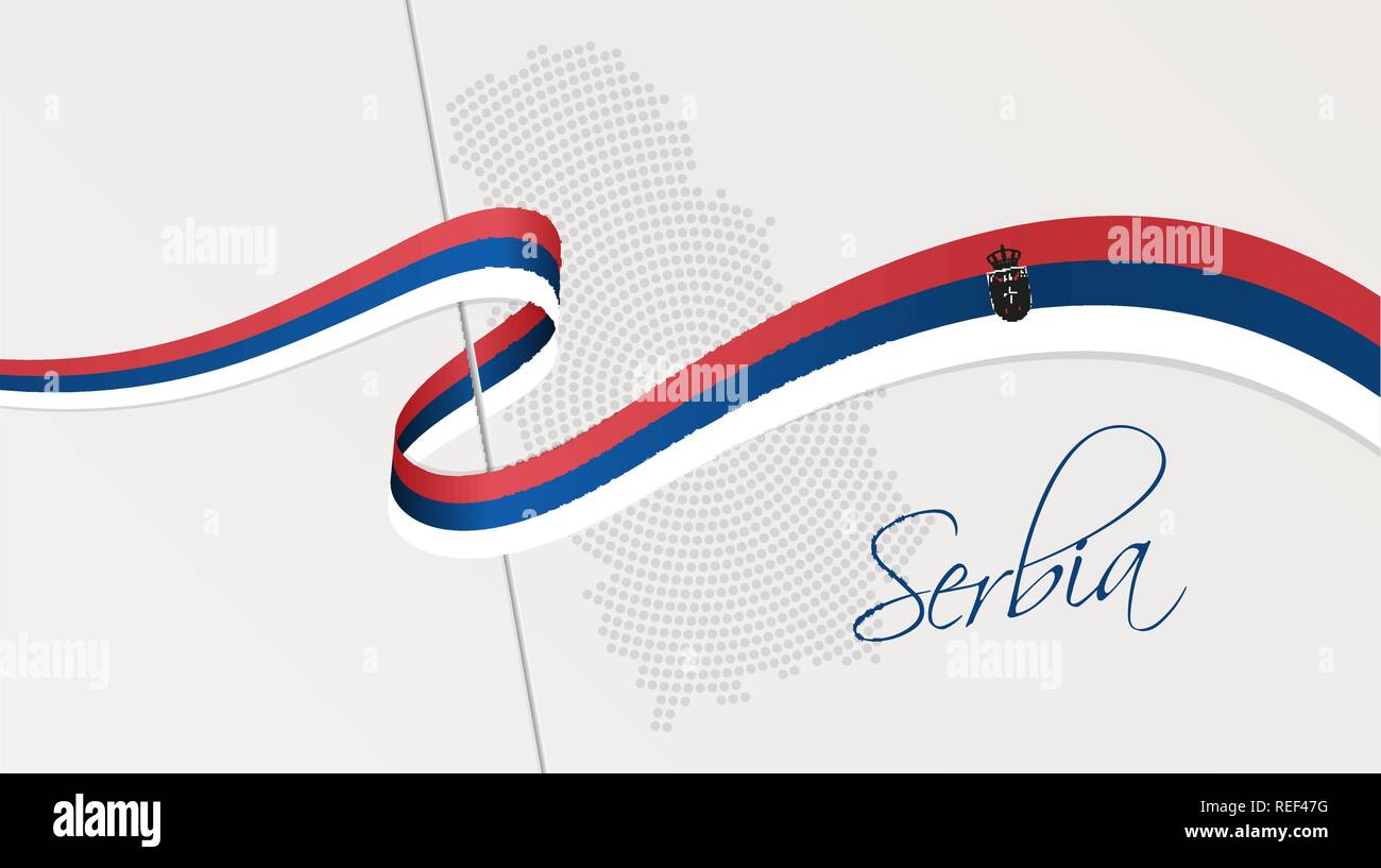 Vector illustration of abstract radial dotted halftone map of Serbia and wavy ribbon with Serbian national flag colors for your graphic and web design Stock Vector
