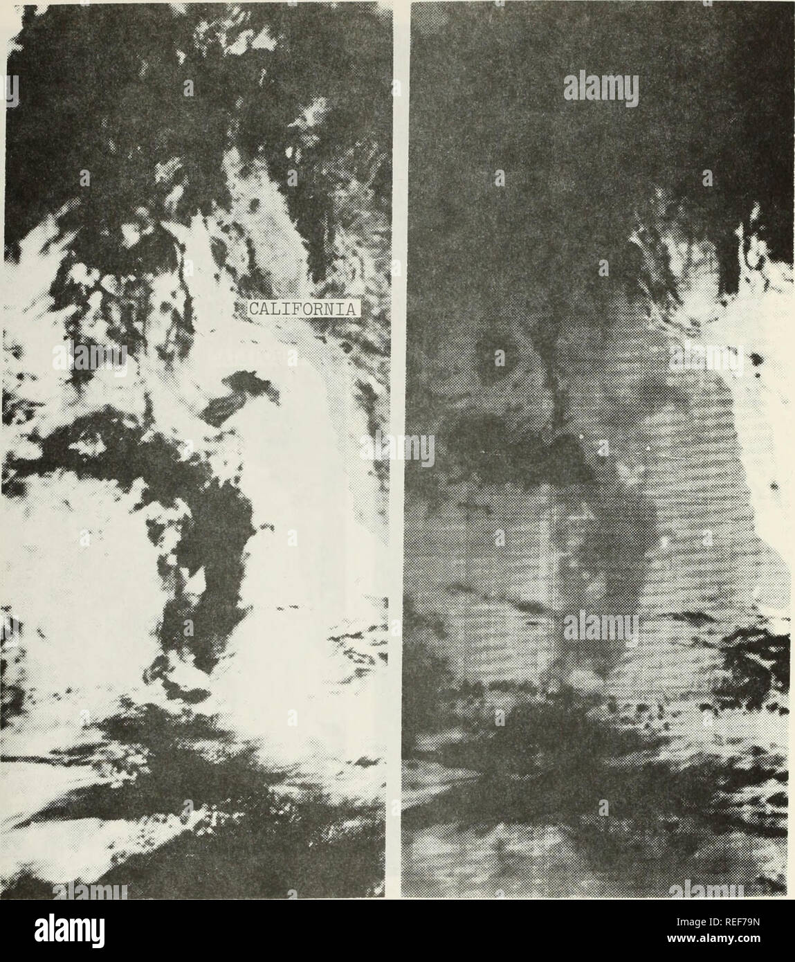 . A comparison of satellite images capable of detecting ocean surface features.. Oceanography. (a) (b) Figure 3. DMSP Standard Archived Products, 15 March 1973. (a) Portion of a high resolution visual image of the California coast. (b) Portion of a high resolution infrared image of the California coast, showing the same area Both images were taken at the same time by the same sensor, the scanning radiometer (SR). Again notice the usefulness of the visual image for differentiating between the ocean and clouds. Received from the University of Wisconsin, Madison. 56. Please note that these images Stock Photo
