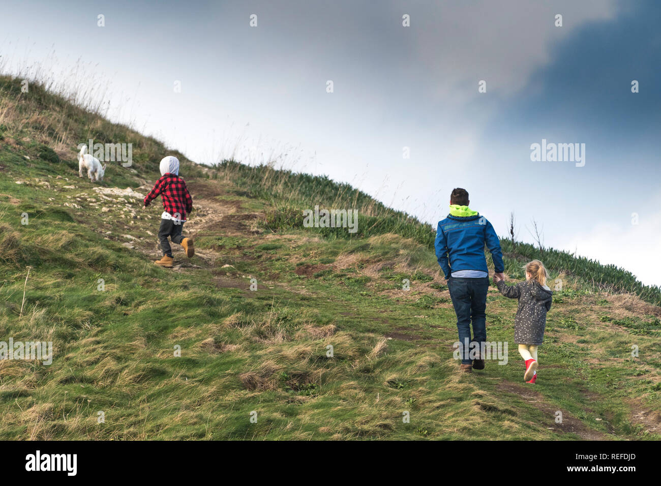 A father and his two children and their pet dog walking up a hill in the countryside. Stock Photo