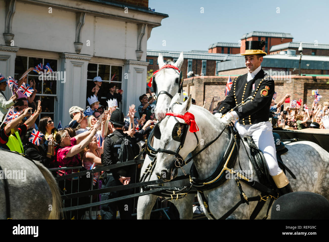 WINDSOR, UNITED KINGDOM MAY 19, 2018 A traveling Escort of the Household Cavalry Regiment on