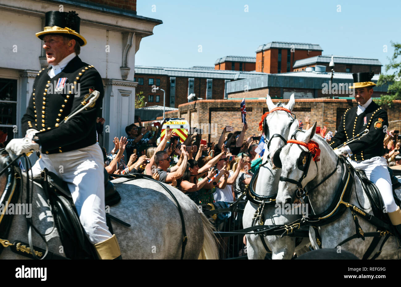 WINDSOR, UNITED KINGDOM MAY 19, 2018 A traveling Escort of the Household Cavalry Regiment on