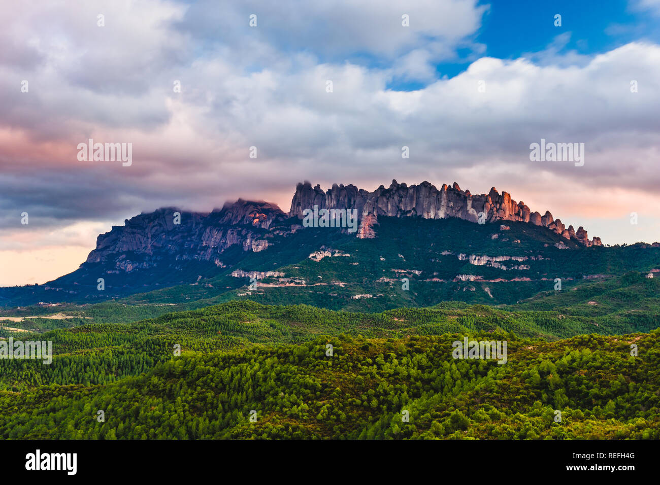 Sunset at the beautiful mountain (Montserrat Massif, Catalonia, Spain) Stock Photo