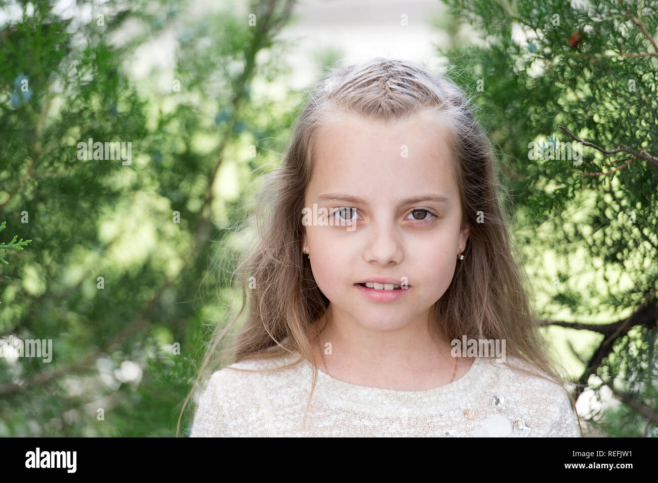 Girl With Long Hair On Calm Face Nature Background Girl With