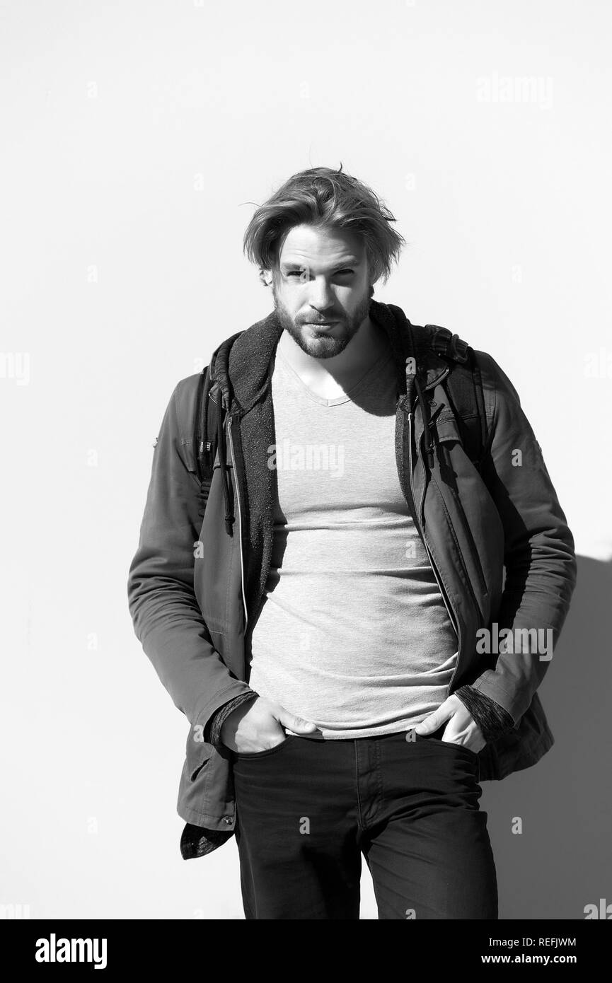 Macho With Beard On Unshaven Face And Blond Hair Man Wear
