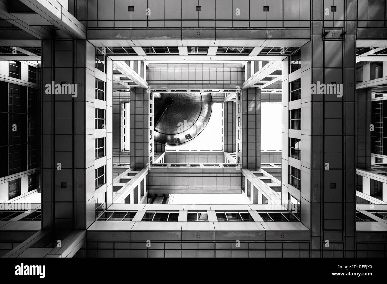 Bottom view on Headquarters of Fuji TV at Odaiba island, Tokyo, Japan Stock Photo