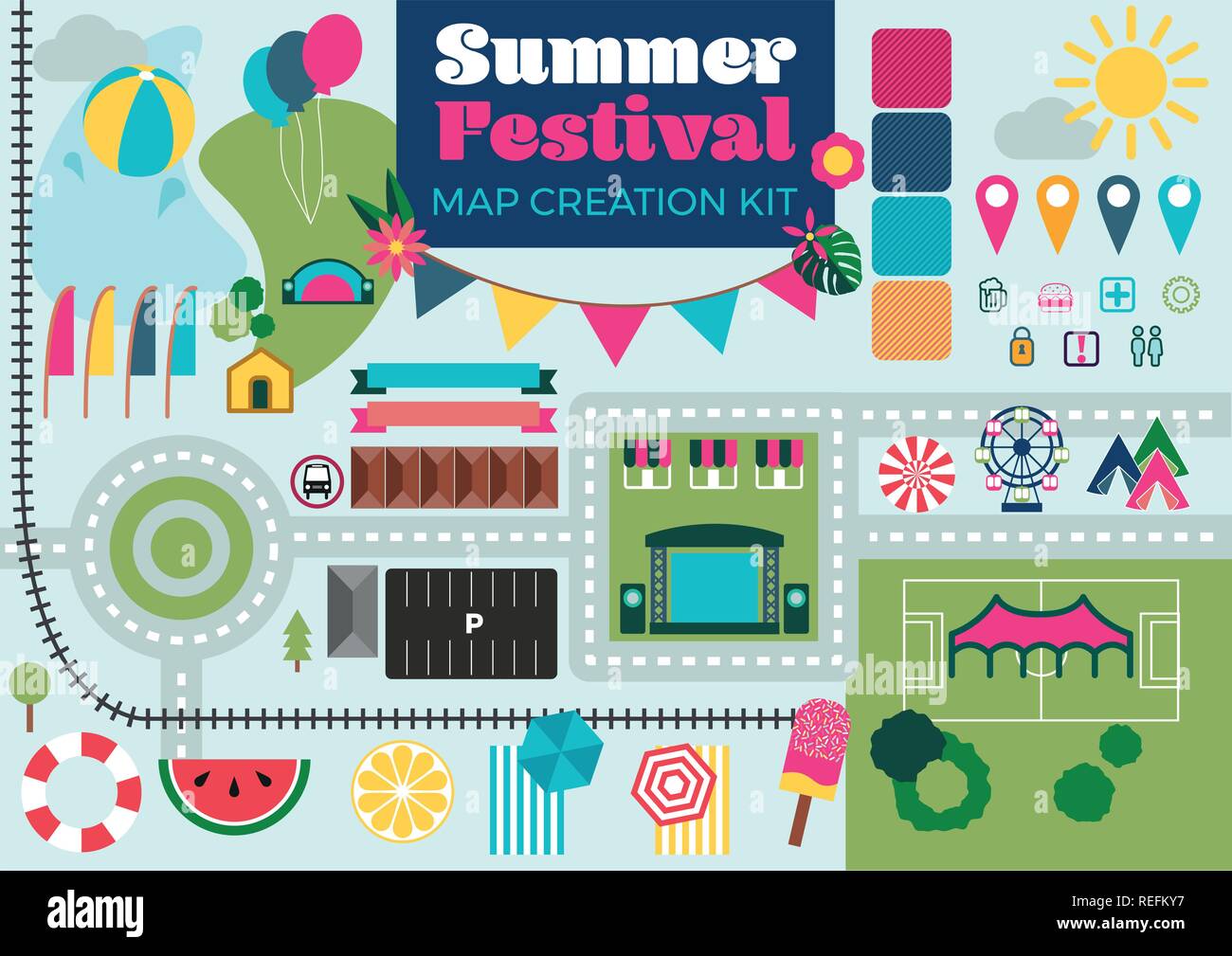 Summer Festival Event Map Builder - Summer Festival Event Map Builder Creator Kit Music Community Flat Vector Icons REFKY7