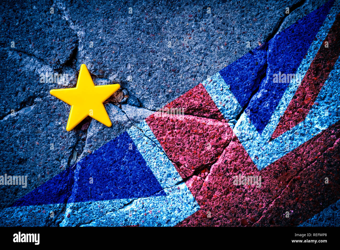 Star of the EU flag and British flag on the ground, Brexit Stock Photo