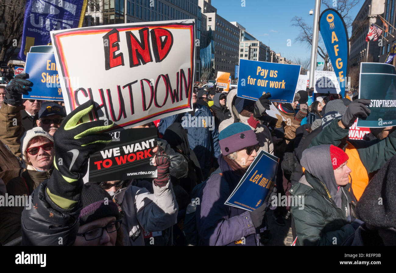 Protesting partial government shutdown, hundreds of furloughed as well as unpaid working federal employees rallied outside the AFL-CIO, Jan. 10 ,2019. Stock Photo