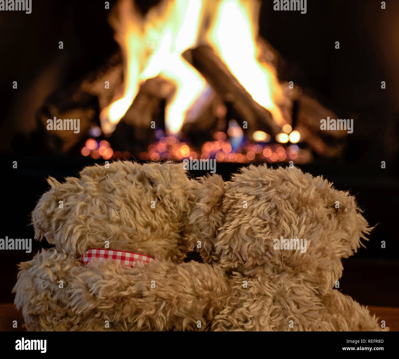 pair of brown teddy bears in front of burning logs in fireplace Stock Photo