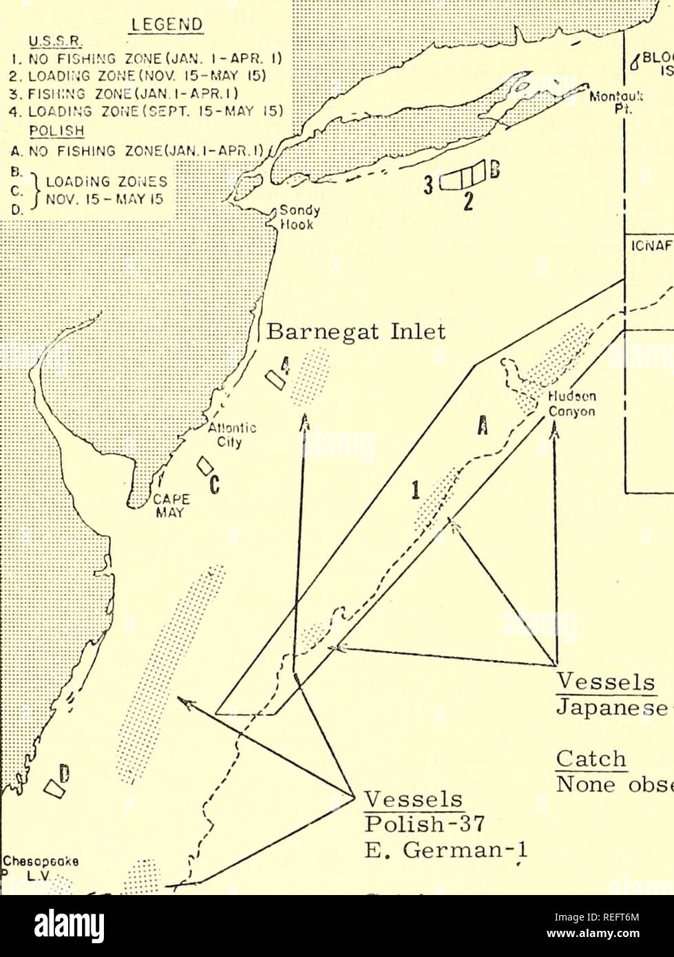 . Commercial fisheries review. Fisheries; Fish trade. FOREIGN FISHING OFF U.S. IN FEBRUARY 1970 U.S.-USSR U.S.&quot; POLISH MIDDLE ATLANTIC AGREEMENT AREAS LEGEND 1. NO FIGriING ZOME(JAN. I-APR. I) 2. LOADi:jG ZOfJE(NOV. l5-f,iAV b) S.FISIIINS ZONE(JAN,l-APR.I) 4. LOADING ZOME(SEPT. 15-MAY 15) POLISH A. NO FISHING ZONECJAfj I-;. ^ NANTUCKET ;ILVER HAKE AREA BIOCK J, Canyon / Currituc Sound Nags Head Oregon Inlet J CAPE 2 HATTER AS/ Vessels Polish-37 E. German-1 Catch Herring Mackerel Vessels Soviet-104 Catch Herring Mackerel Japanese-8 Catch None observed Vessels Japanese-9 Spanish-1 Catch N Stock Photo