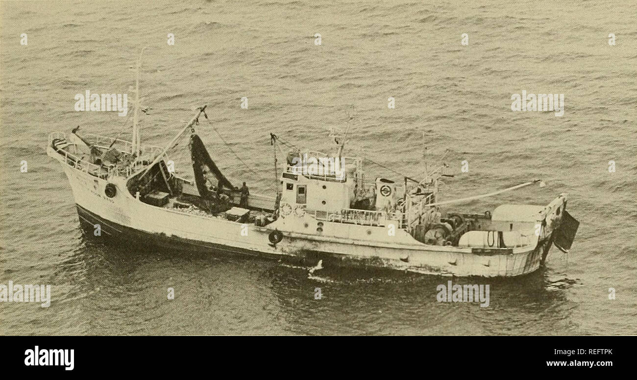 . Commercial fisheries review. Fisheries; Fish trade. 71. Fig. 4 - 'Kook Yang No, 112,' In 1969 seven trawlers of this type worked in the bottom trawl fishery off Alaska. They are 107 feet long and 133 gross tons. These otter trawlers are the same basic ship as the five Kook Yang gillnetters that operated in the same area of tiie eastern Bering Sea and approaches to Bristol Bay,. Please note that these images are extracted from scanned page images that may have been digitally enhanced for readability - coloration and appearance of these illustrations may not perfectly resemble the original wor Stock Photo