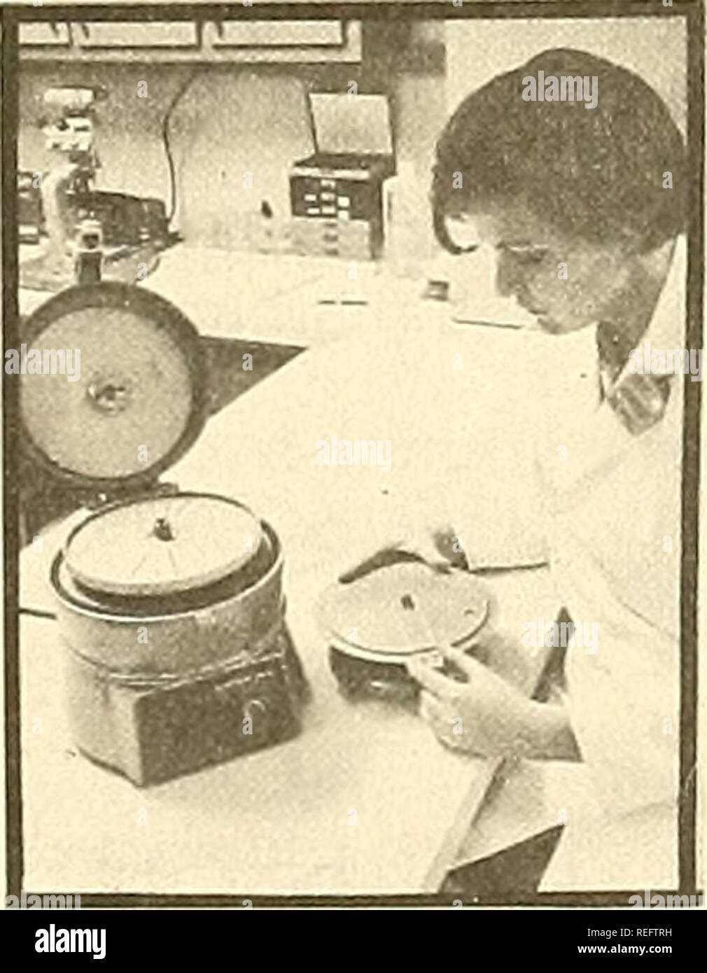 . Commercial fisheries review. Fisheries; Fish trade. REMOVING BLOOD CELLULAR CHARACTERISTICS. The effect of ionizing radiation on estuarine organisms is studied at the Radiobiological Laboratory. Organisms are exposed to gamma radiation from a cobalt 60 source which is contained in a specially built irradiator. After ex- posure to radiation, the organisms are subjected to various biochemical and cellular tests. Often, radiation-induced physiological changes occur first in the blood.. Please note that these images are extracted from scanned page images that may have been digitally enhanced for Stock Photo