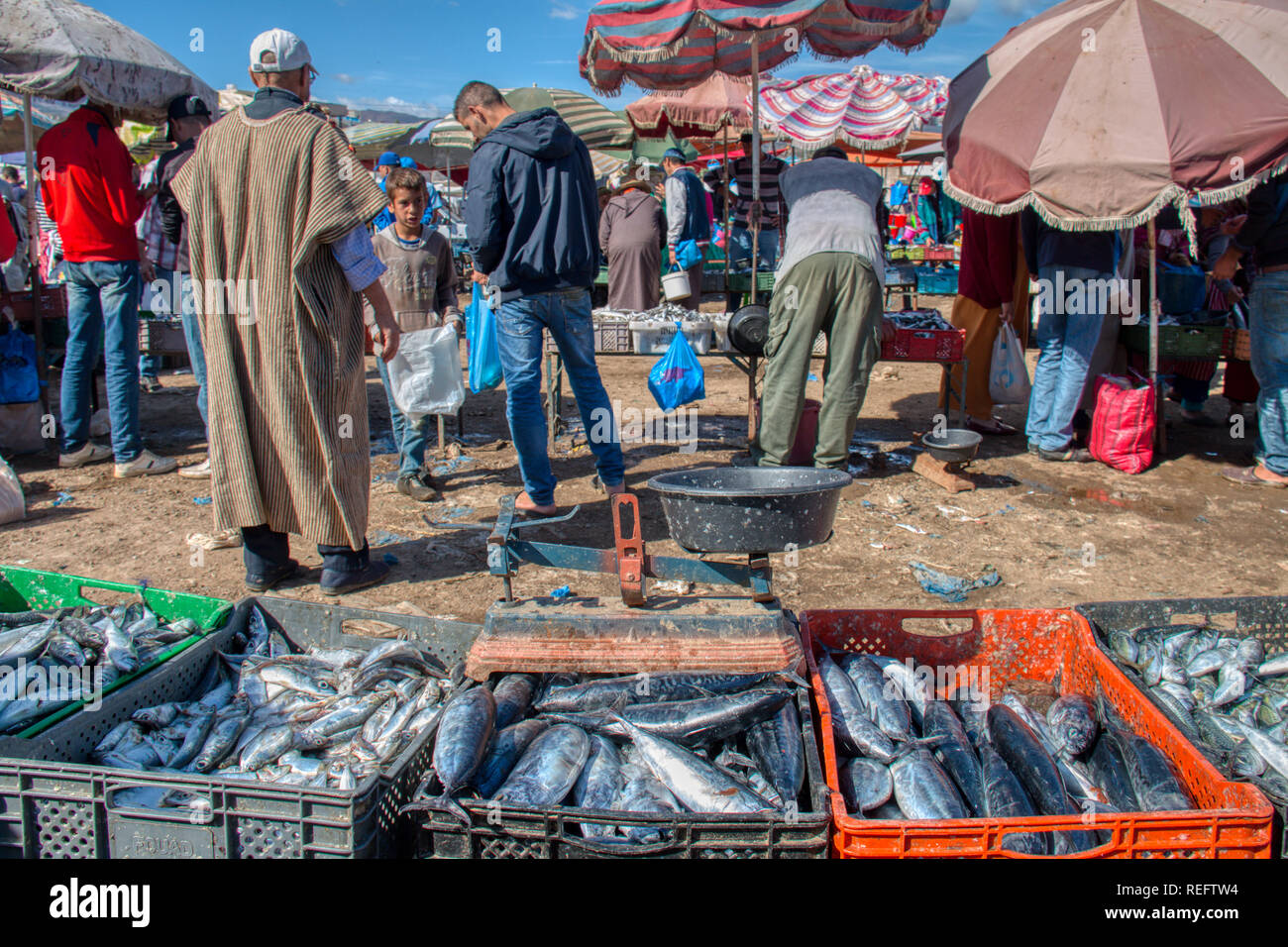 Oued Laou, Chefchaouen, Morocco - November 3, 2018: Fresh fish exposed for sale in the market that is established on Saturdays in the souk of Oued Lao Stock Photo