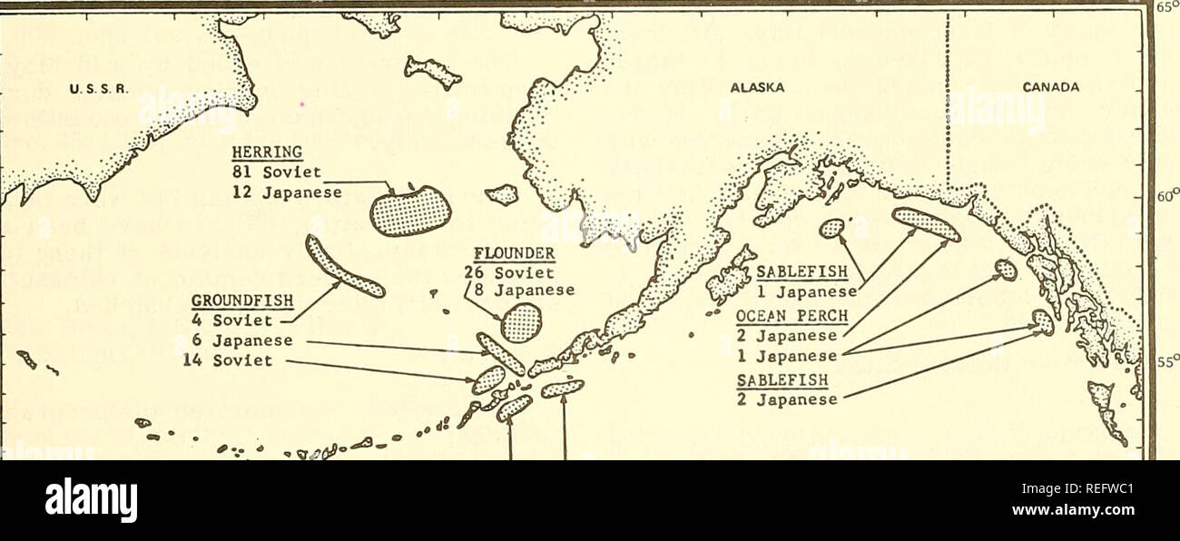 . Commercial fisheries review. Fisheries; Fish trade. 25 OFF CALIFORNIA No foreign fishing vessels reported. OFF PACIFIC NORTHWEST USSR: No vessels sighted (1 medium trawler off Oregon in Dec. 1968). Japan: 6 longliners--3 off Washington, 3 off Oregon (1 in Dec. 1968). OFF ALASKA (Fig. 2) USSR: 125 vessels (31 in Nov. 1969; 110 in Dec. 1968). Ocean Perch: 6 stern trawlers 1st week; 2 stern and 2 medium trawlers 2nd week. After mid-month all switched to Bering Sea. Groundfish: 17 medium trawlers and 1 refrigerated transport. Herring: 25 stern and 38 medium trawl- ers, 2 research vessels, over 1 Stock Photo