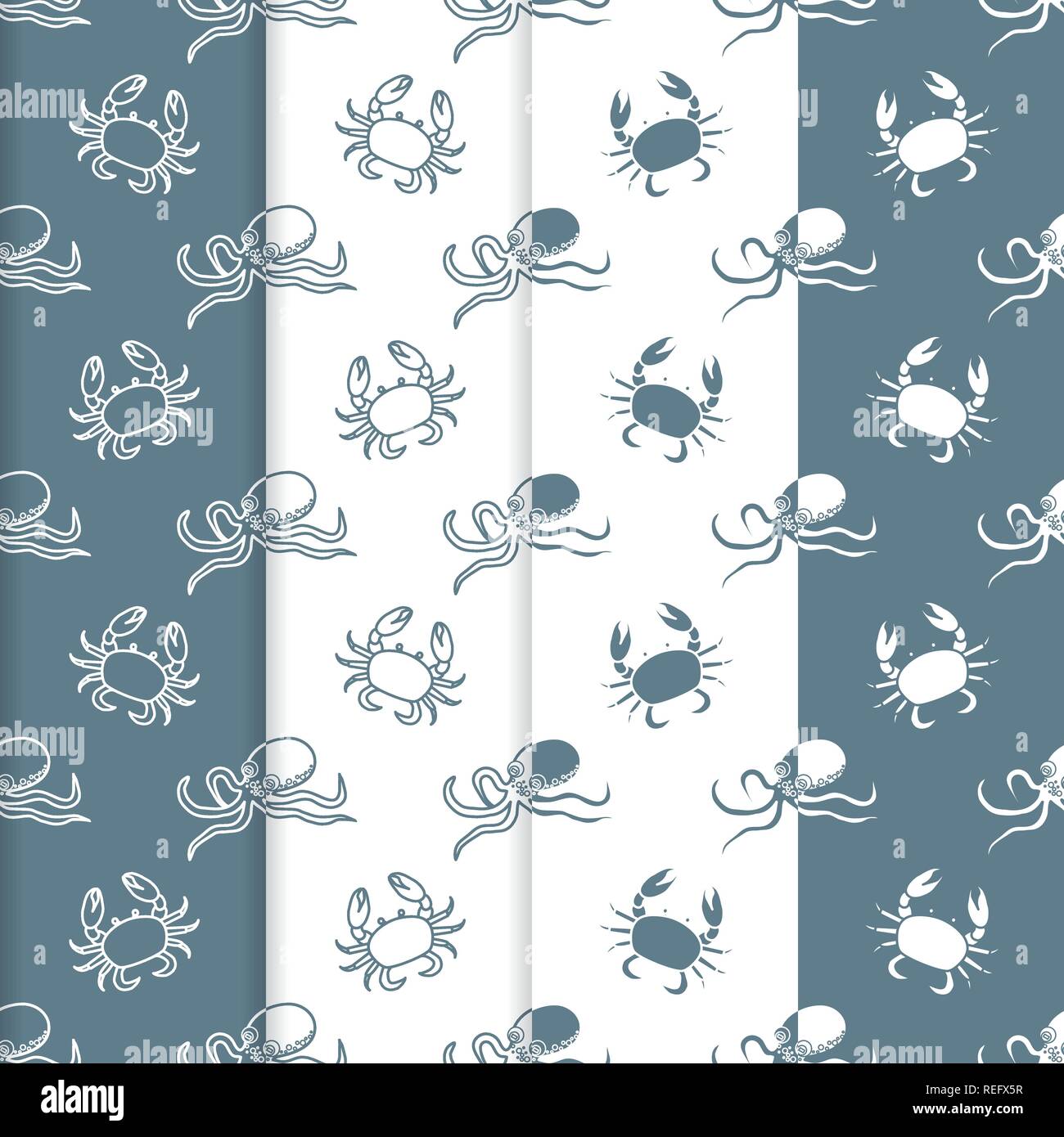 Set of 4 vector seamless pattern with octopuses and crabs. Sea ...