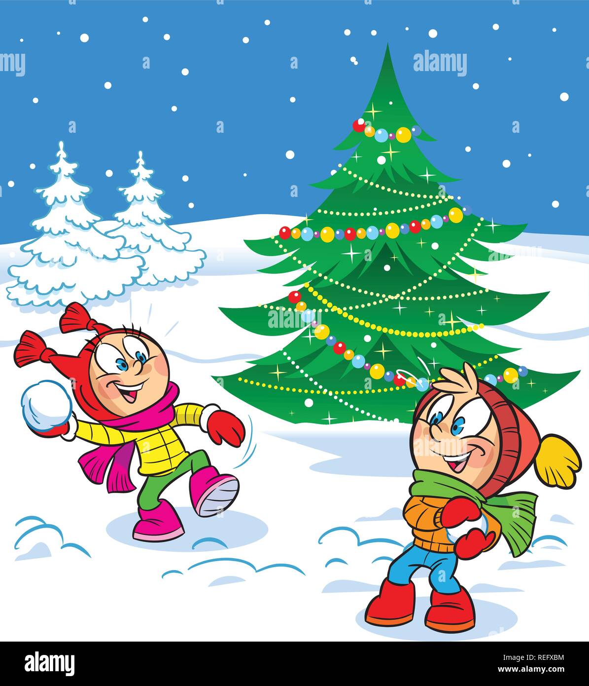 The illustration shows a fun game kids throwing snowballs on a background of the Christmas tree. Vector illustration done in cartoon style Stock Vector