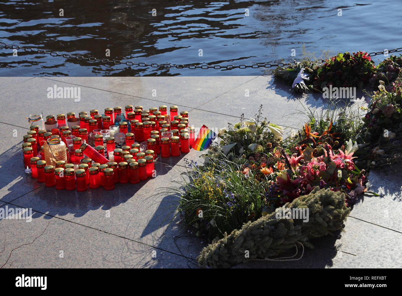 The Homomonument is a memorial in Amsterdam commemorating all people subjected to persecution because of their homosexuality. Stock Photo